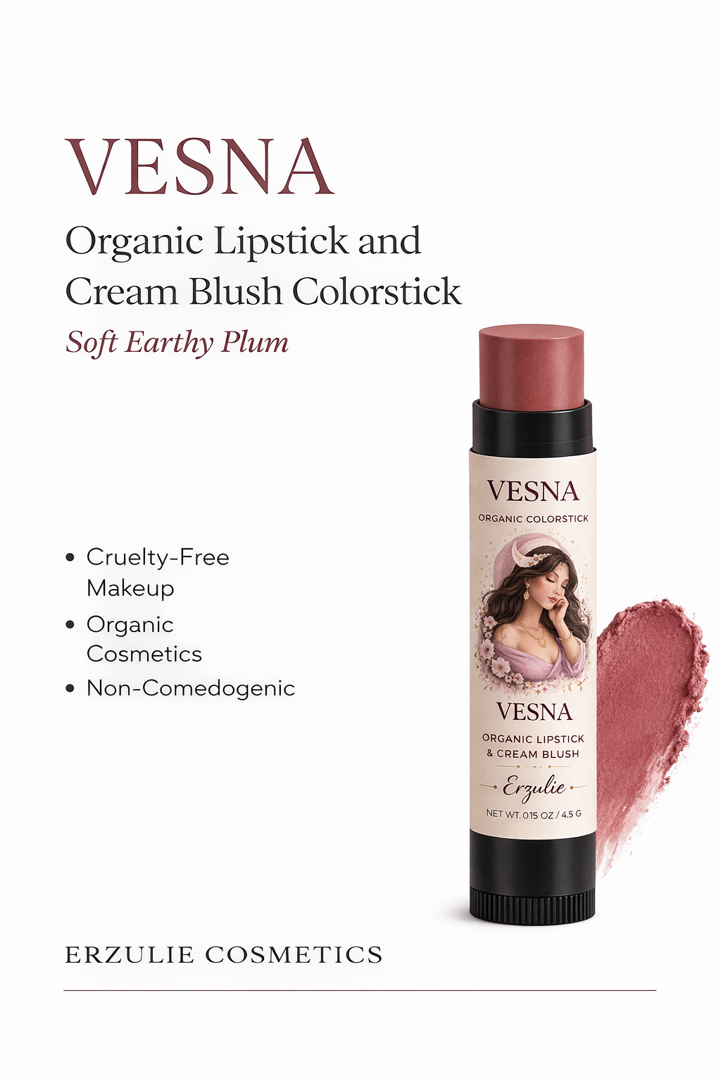 VESNA Organic Lipstick & Cream Blush Colorstick – Soft Earthy Plum | Multi-Use | Non-Comedogenic | Cruelty Free Makeup | Natural Cosmetics