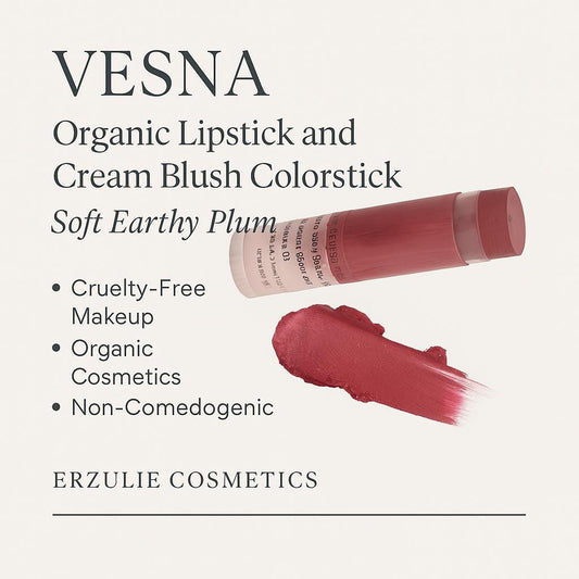 VESNA Organic Lipstick and Cream Blush Colorstick | Non-comedogenic |  Soft Earthy Plum | Clean Beauty | Non Toxic | Cruelty Free Cosmetics