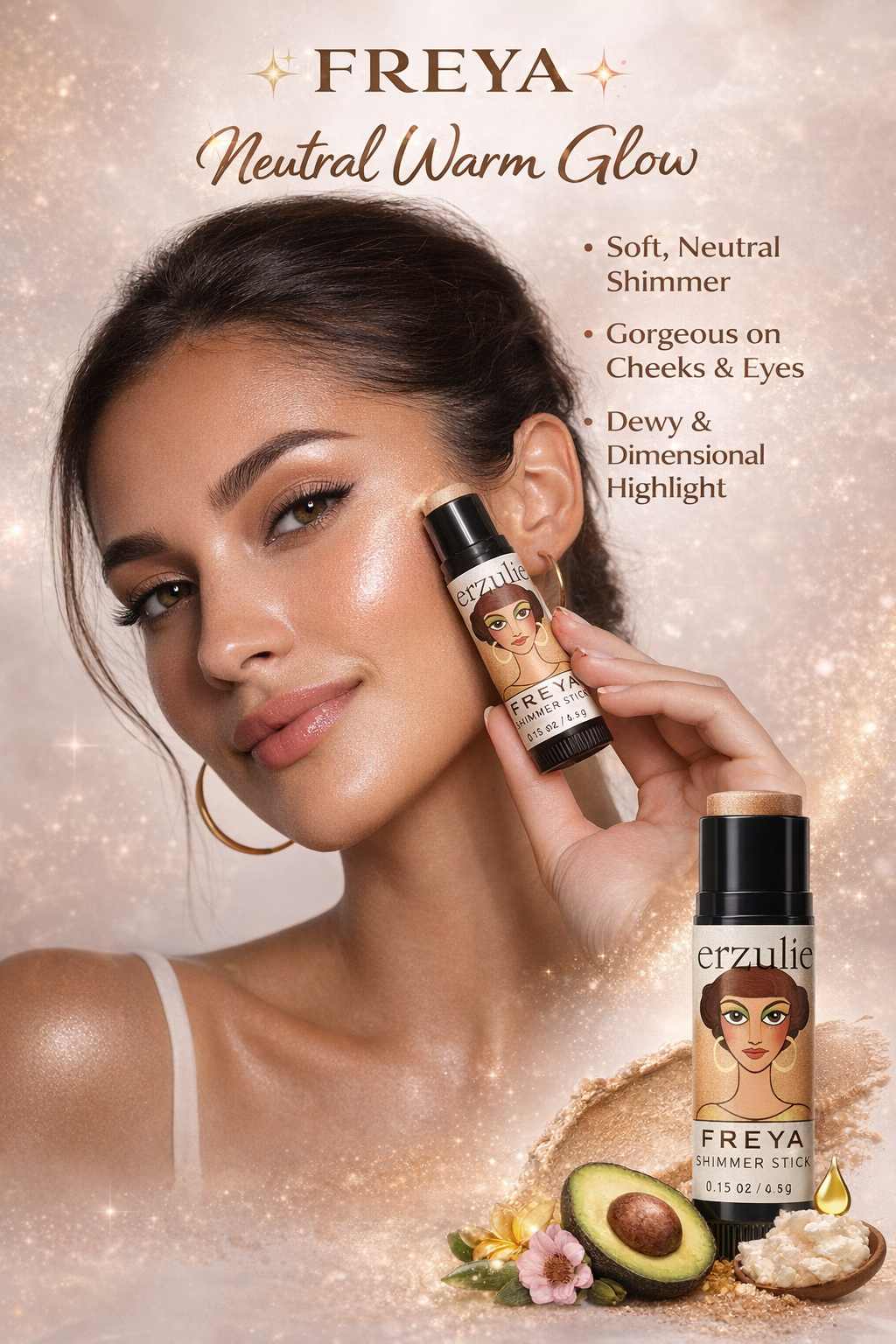 Organic Makeup Mineral Shimmer Stick in FREYA | neutral light tan | Cruelty Free | Acne Safe Makeup | Multi-tasking Makeup