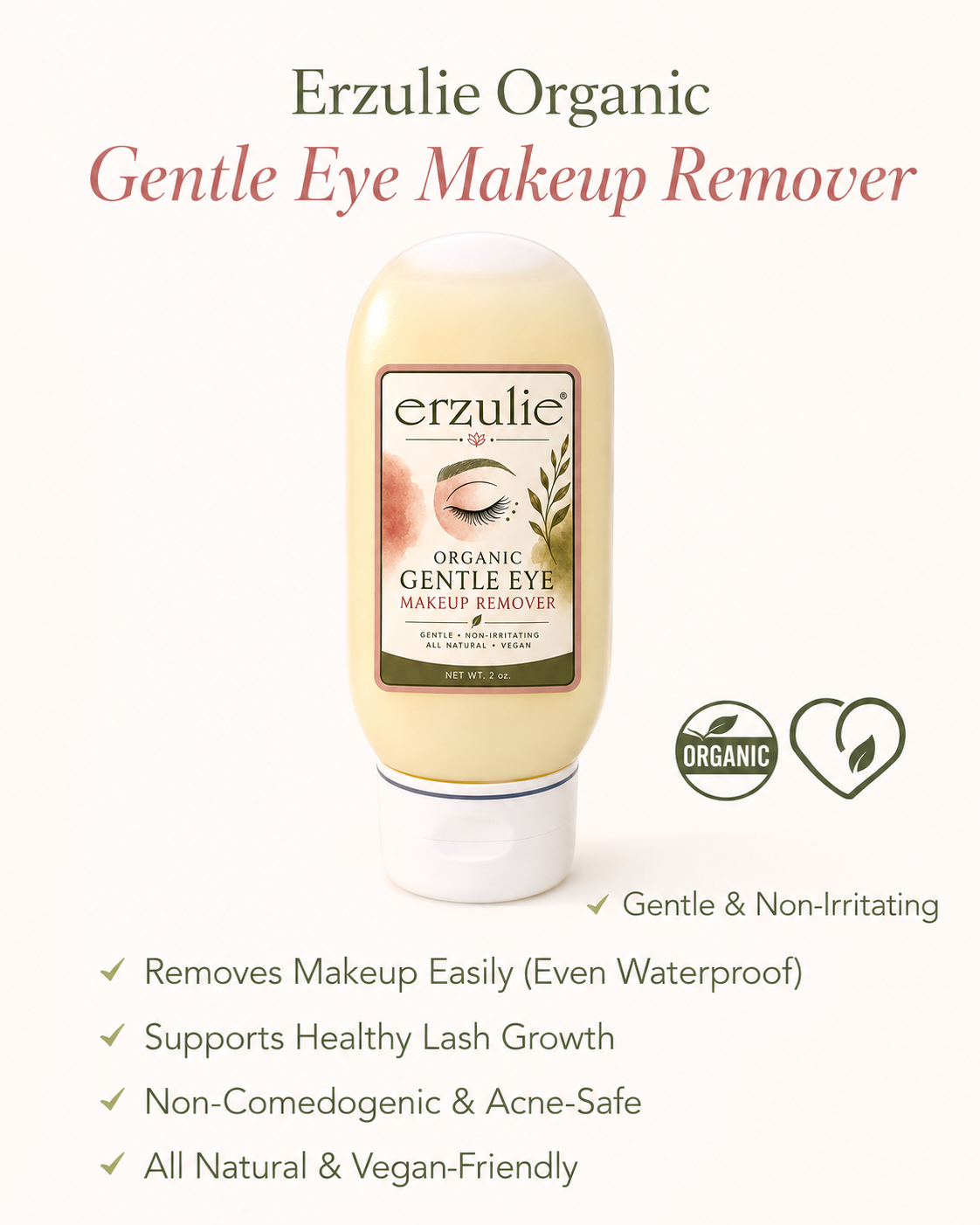 Organic Eye Makeup Remover Gel    Vegan Formula Unscented Gluten Free | Extra Gnetle|  Removes waterproof makeup with ease