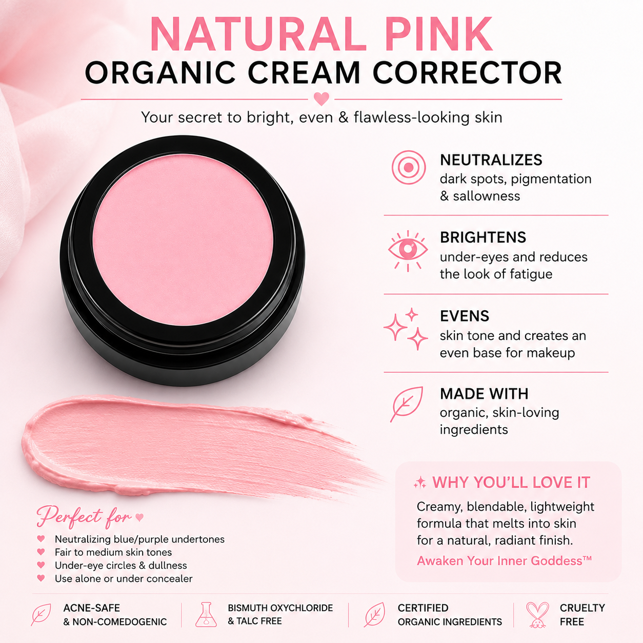 Organic Corrector and Concealer PINK | Organic Cream Corrector| Acne Safe Makeup | All Natural Makeup| Cruelty Free Cosmetics | Clean Beauty
