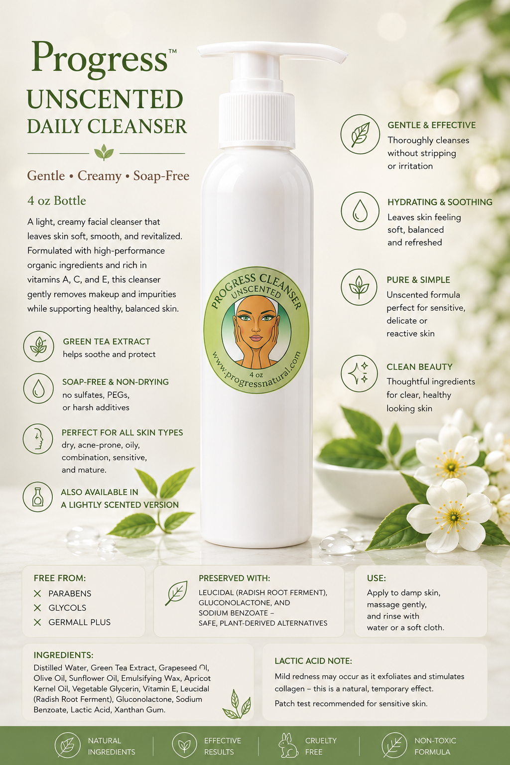 Organic Cleanser UNSCENTED  Face Wash | Vegan | Cruelty Free Skin Care | All Natural Facial Cleanser w/ Lactic Acid | Holistic Skin Care