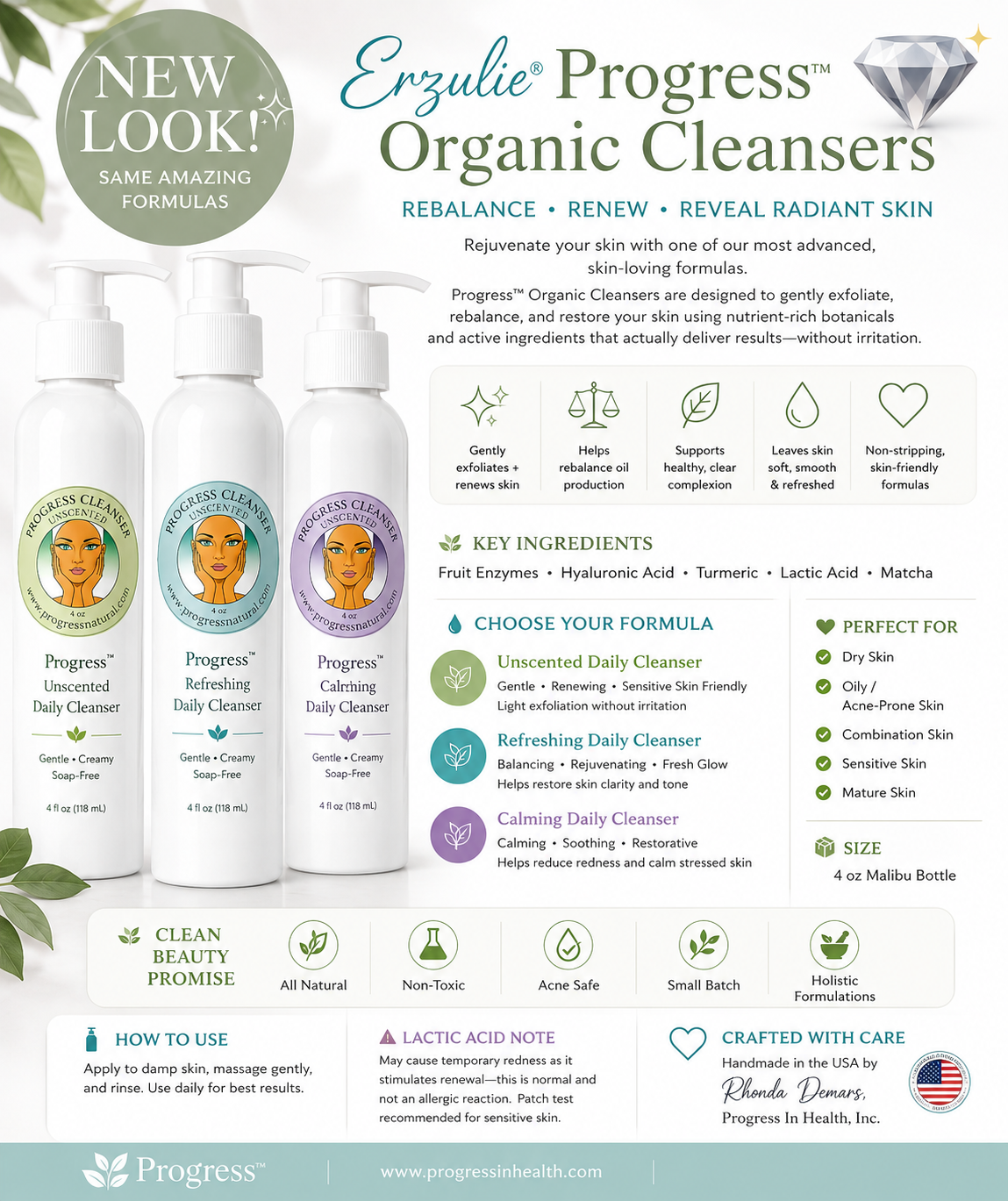 Organic Skin Care | Soap Free Cleanser | Four Formulas | Fruit Enzymes | Matcha Turmeric | Refreshing | Unscented | Cruelty Free