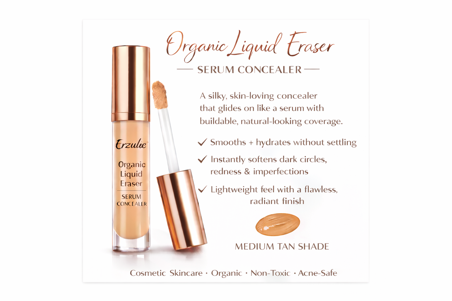 Organic Liquid Eraser Serum Concealer | Hydrating | Natural Non-Toxic Makeup | Dark Circle & Blemish Concealer | Hyaluronic Acid