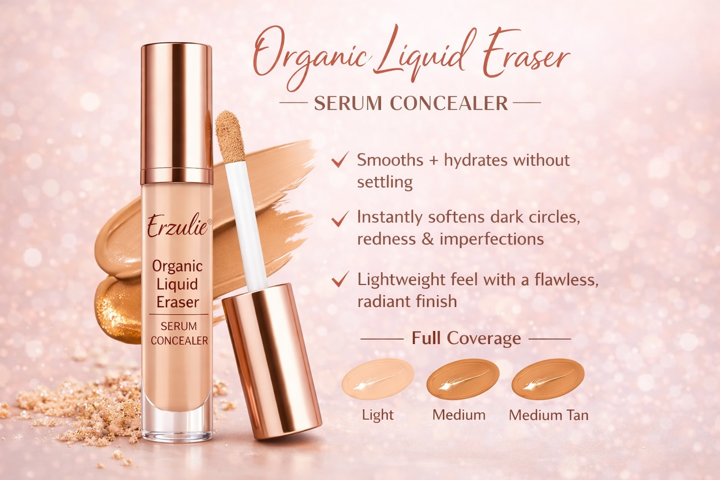 Organic Liquid Eraser Serum Concealer | Hydrating | Natural Non-Toxic Makeup | Dark Circle & Blemish Concealer | Hyaluronic Acid