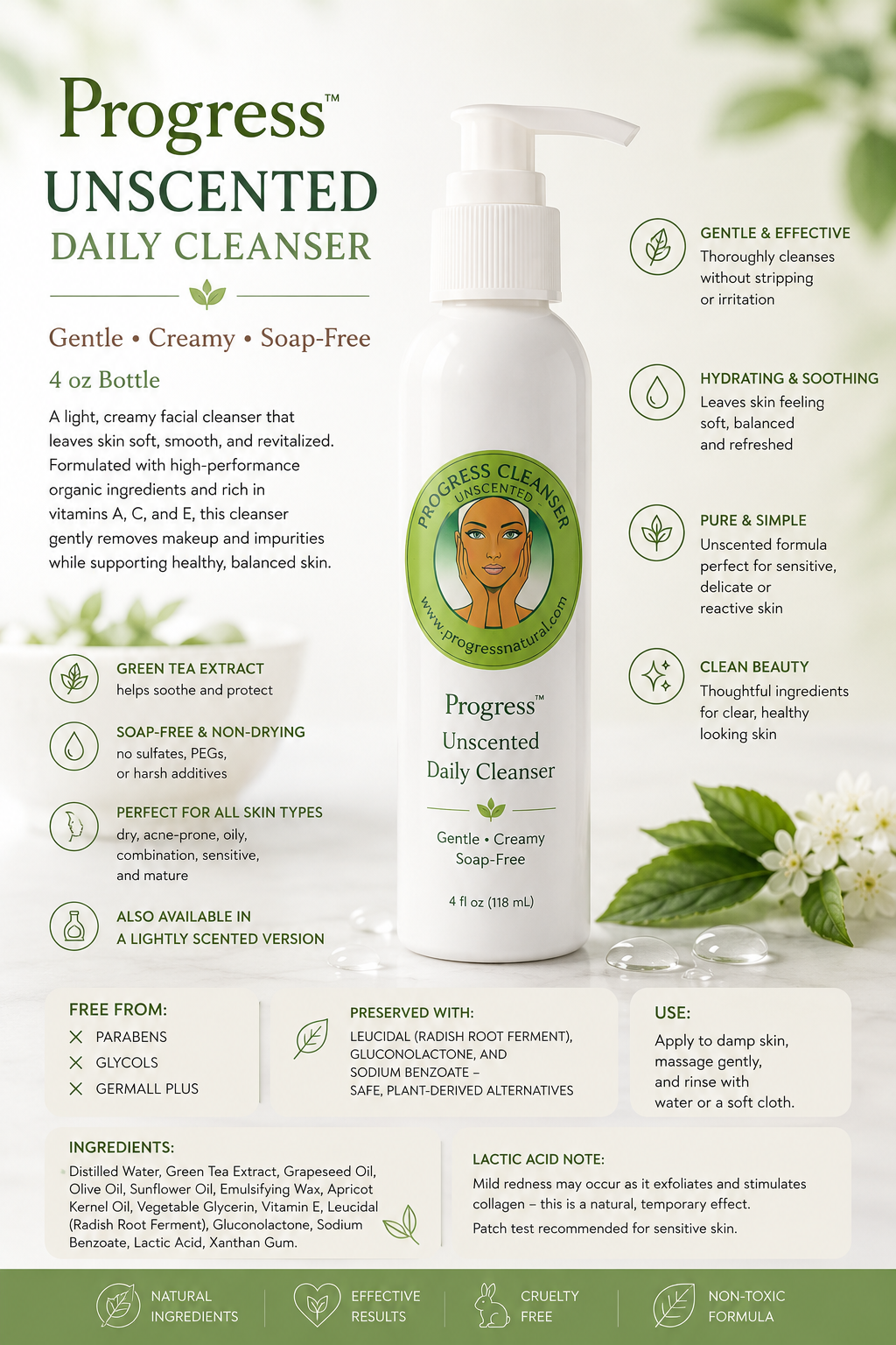 Organic Skincare |  Unscented Daily Cleanser | Vegan | Soap Free  Clear Skin Formula | Non Toxic Cosmetics