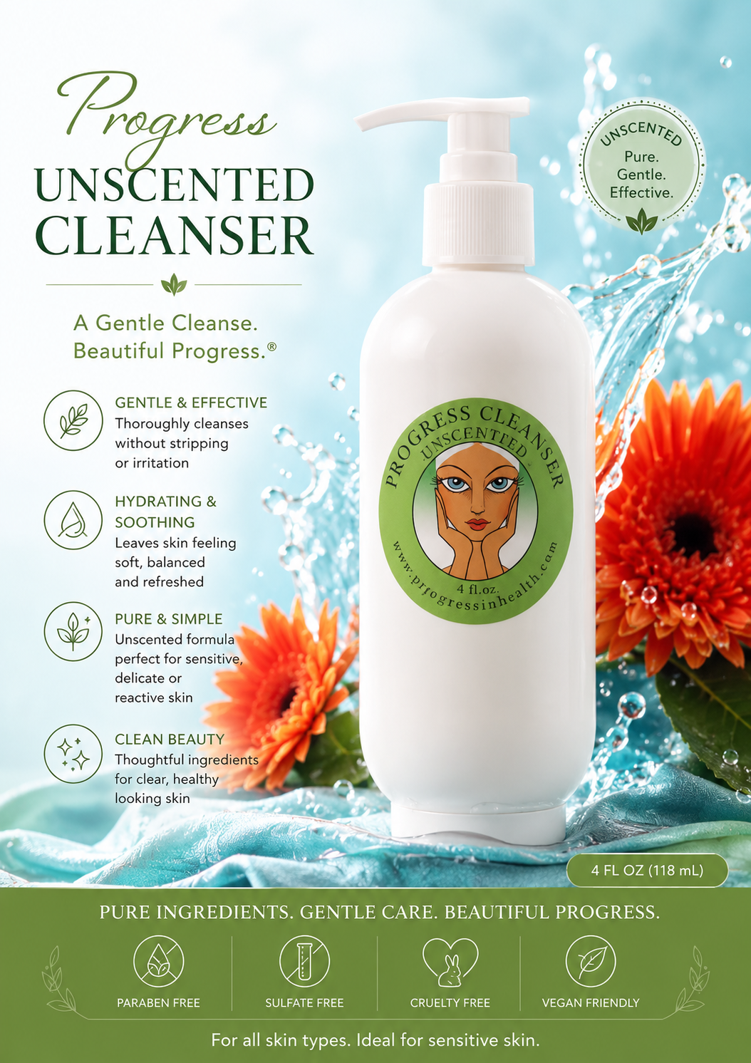 Organic Skincare |  Unscented Daily Cleanser | Vegan | Soap Free  Clear Skin Formula | Non Toxic Cosmetics